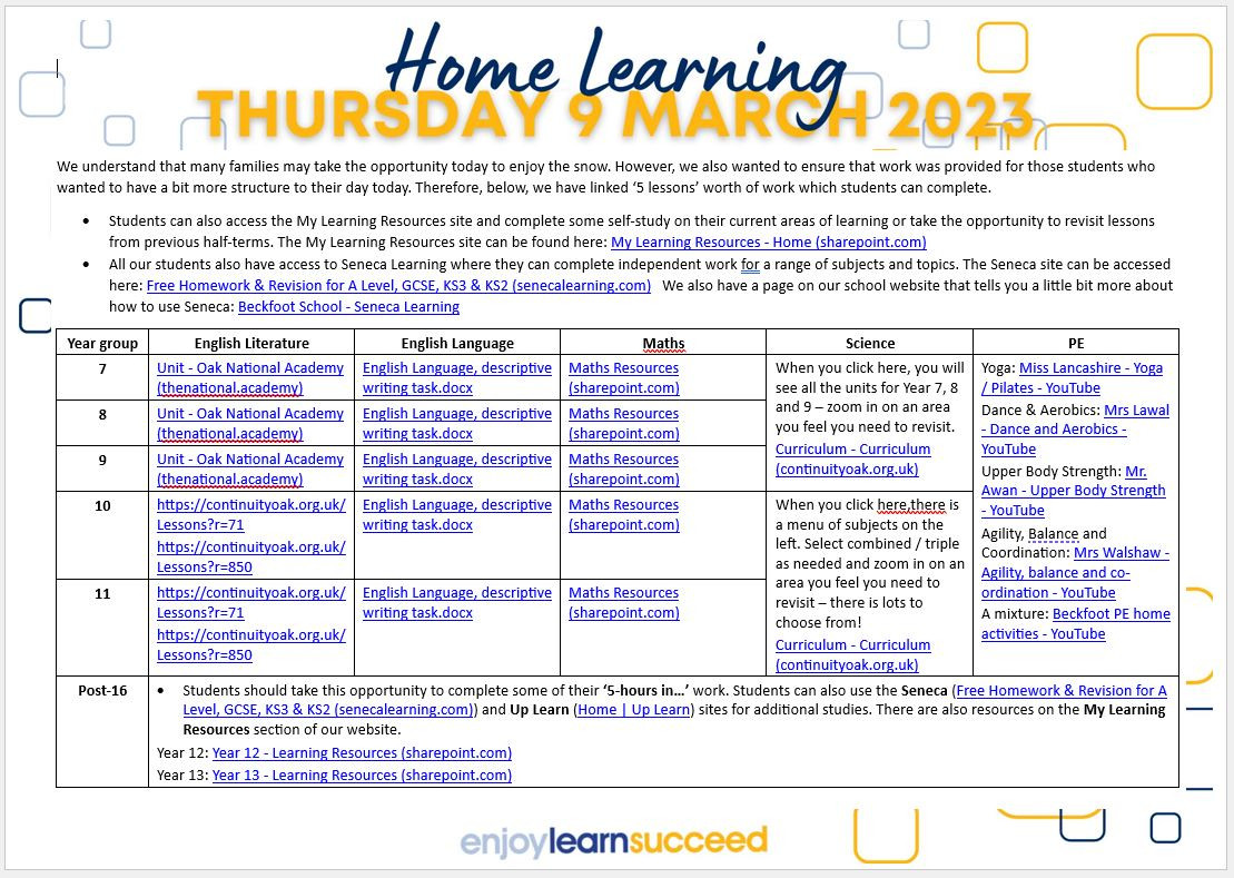 Home Learning - 9 March 2023