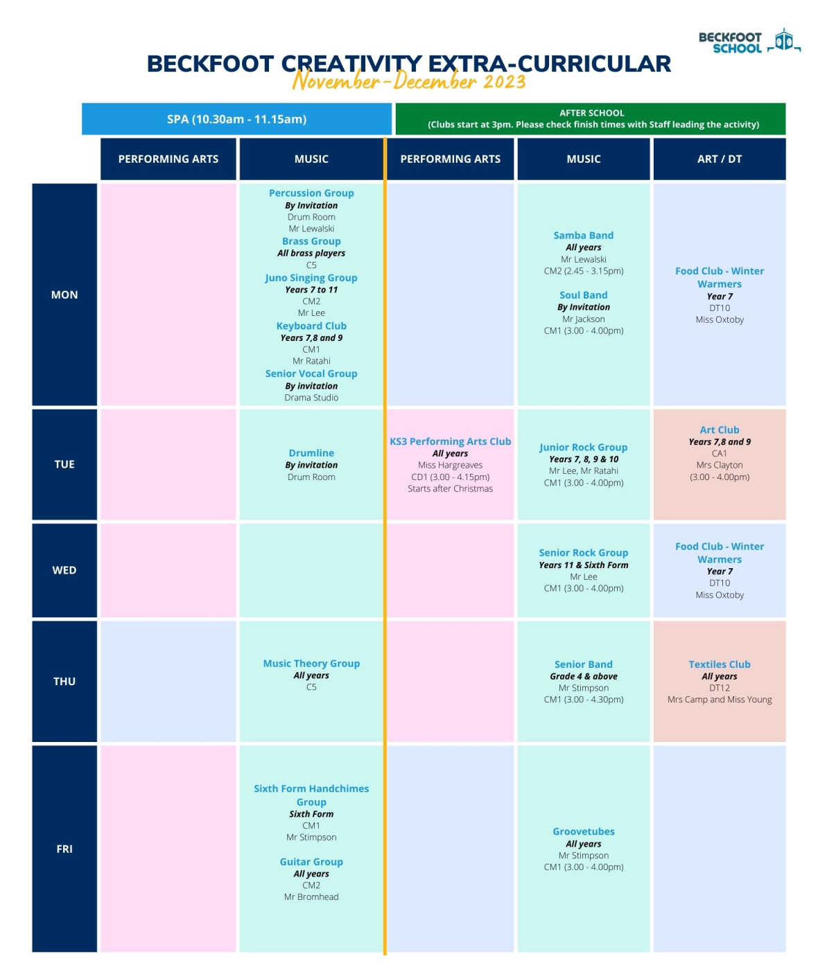 Extra Curricular Activity Creativity Timetable - Winter Schedule (1)