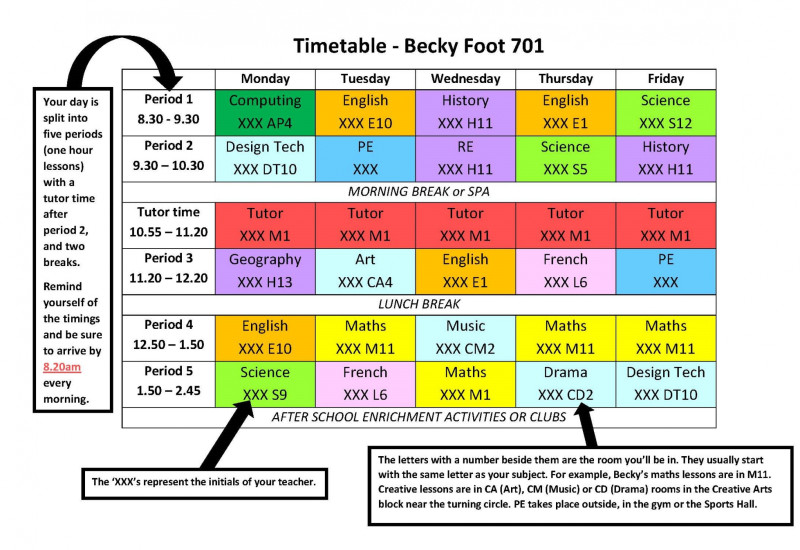 An example Year 7 timetable