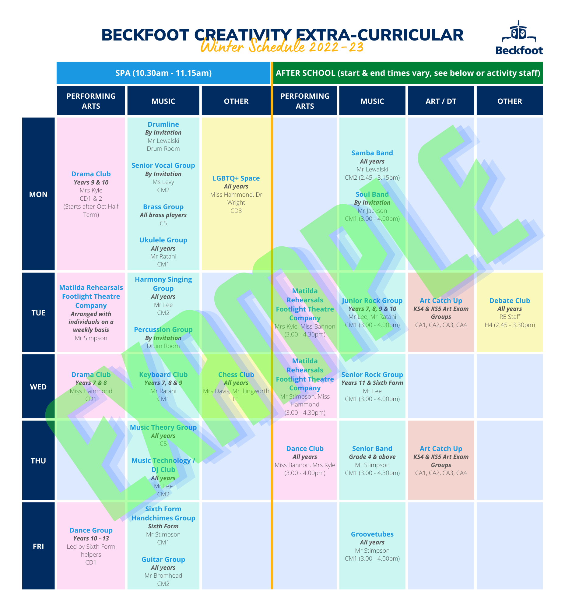 Extra Curricular Activity Creativity Timetable - Winter Schedule