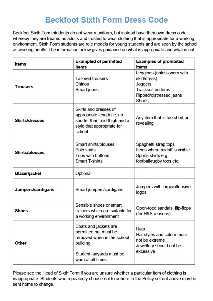 Beckfoot Sixth Form Dress Code 2022