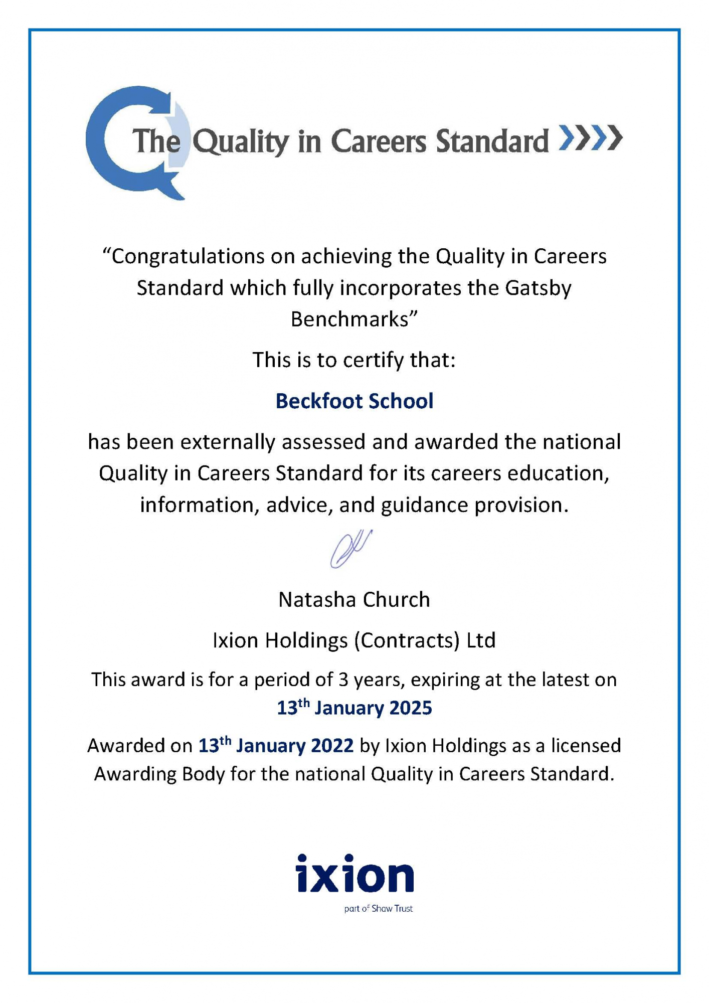 Final Q C Certificate Beckfoot School January 2022